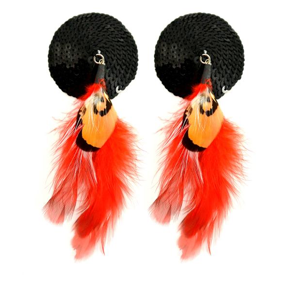 Bijoux Nipple Covers Sequin Round Feathers Black - Click Image to Close