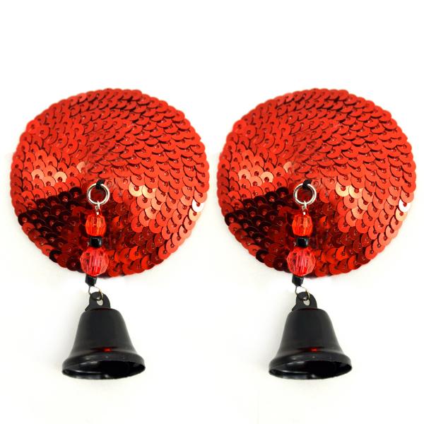 Bijoux Nipple Covers Sequin Round with Bells Red - Click Image to Close