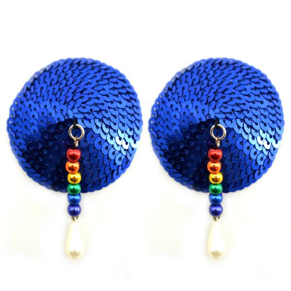 Bijoux Nipple Covers Sequin Round Rainbow Beads Blue - Click Image to Close