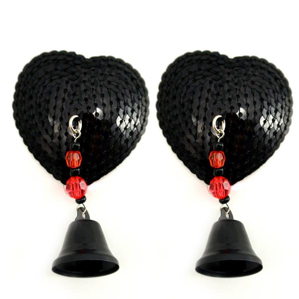 Bijoux Nipple Covers Sequin Heart with Bells Black - Click Image to Close