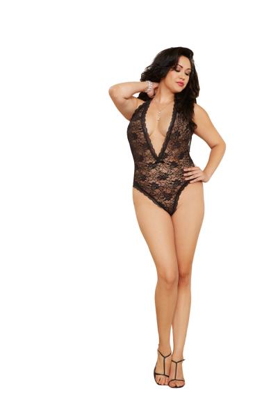 Halter Lace Teddy Plunging Neckline & Heart Cut Out Back Qn