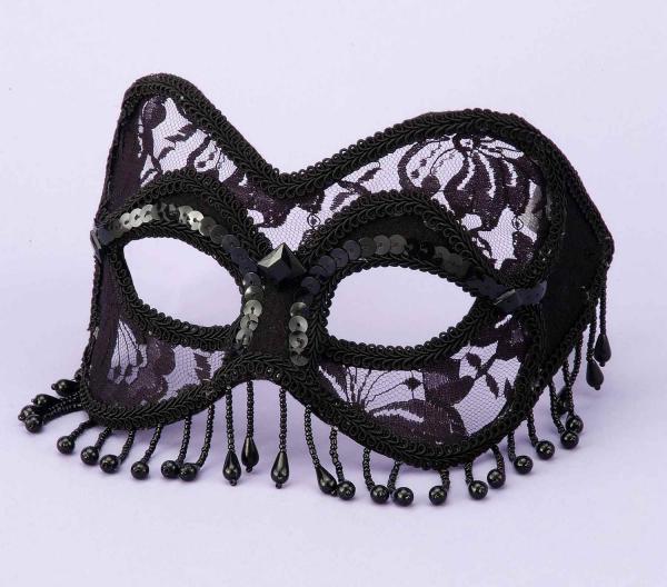 Mask Venetian Black Lace with Beads O/S - Click Image to Close