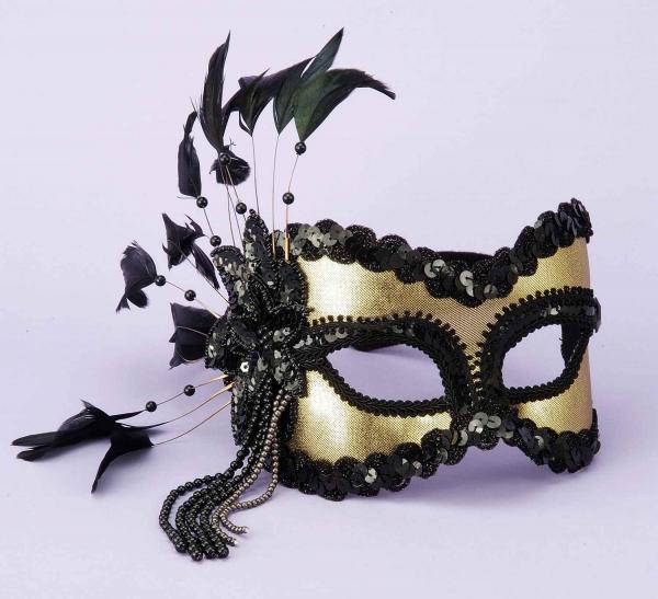 Half Mask Feathers, Beads Black/Gold