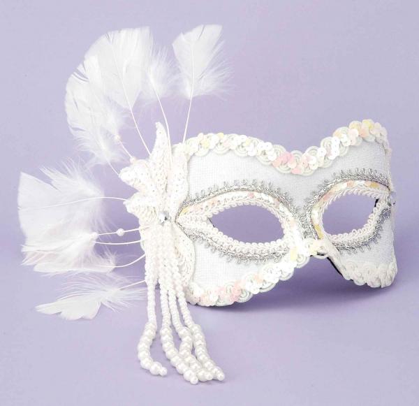 Half Mask Feathers, Beads White O/S - Click Image to Close