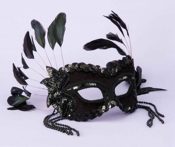 Half Mask Black Beads, Feathers - Click Image to Close