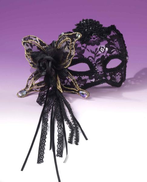 Half Mask Fancy Butterfly, Rose Lace Black - Click Image to Close