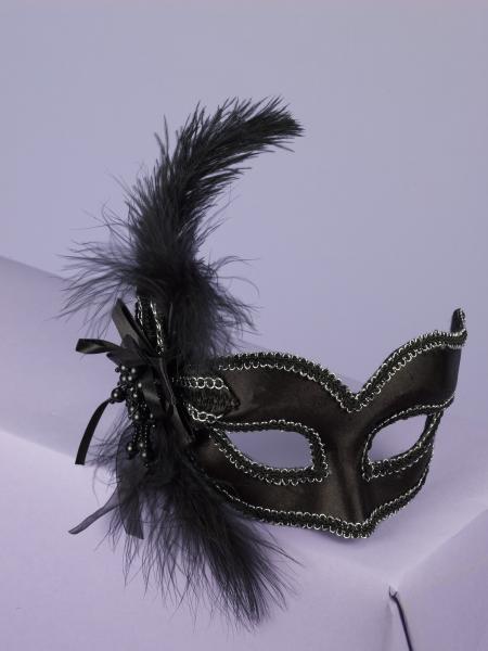 Mask with Glasses Black Satin Feather O/S - Click Image to Close
