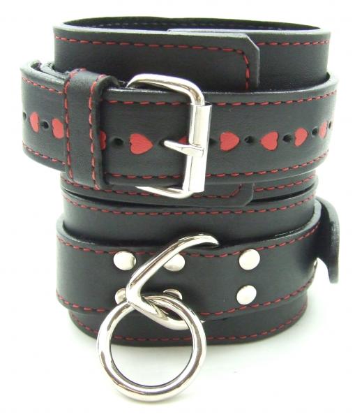 H2H Restraint Wrist Leather Black with Red Hearts - Click Image to Close