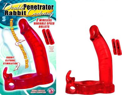 Double Penetrator Rabbit Cockring Red - Click Image to Close