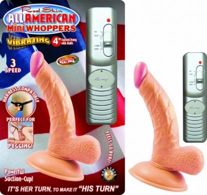 All American 4in Curved Dong W/Balls Flesh Vib - Click Image to Close