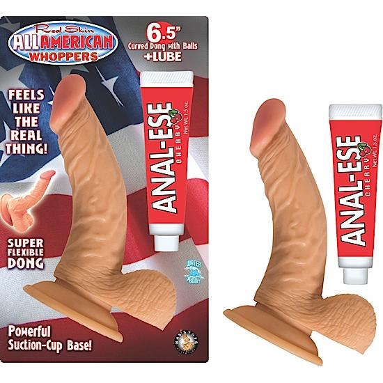 ALL AMERICAN WHOPPERS 6.5" CURVED DONG W/BALLS FLESH