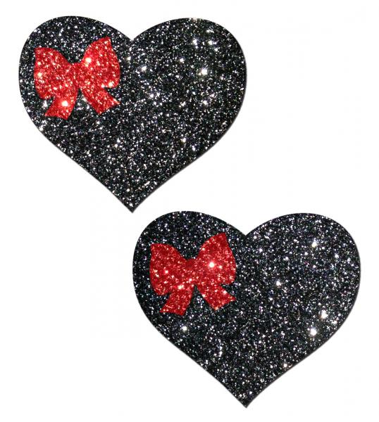 Sweety Black Glitter Heart With Red Glitter Bow - Click Image to Close
