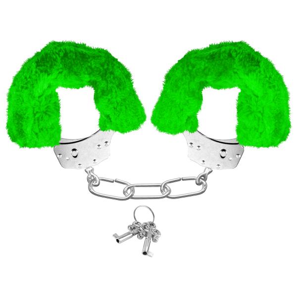 Neon Furry Cuffs Green Handcuffs - Click Image to Close