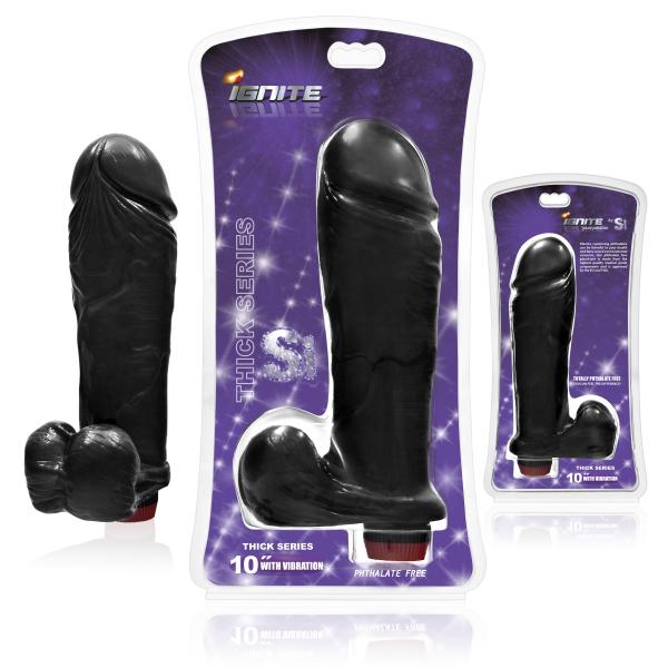 Thick Cock with Balls & Vibration Black 10"