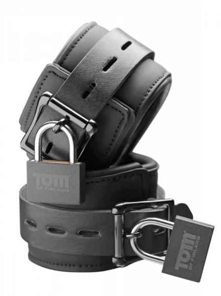 Tom Of Finland Neoprene Wrist Cuffs with Locks Black - Click Image to Close